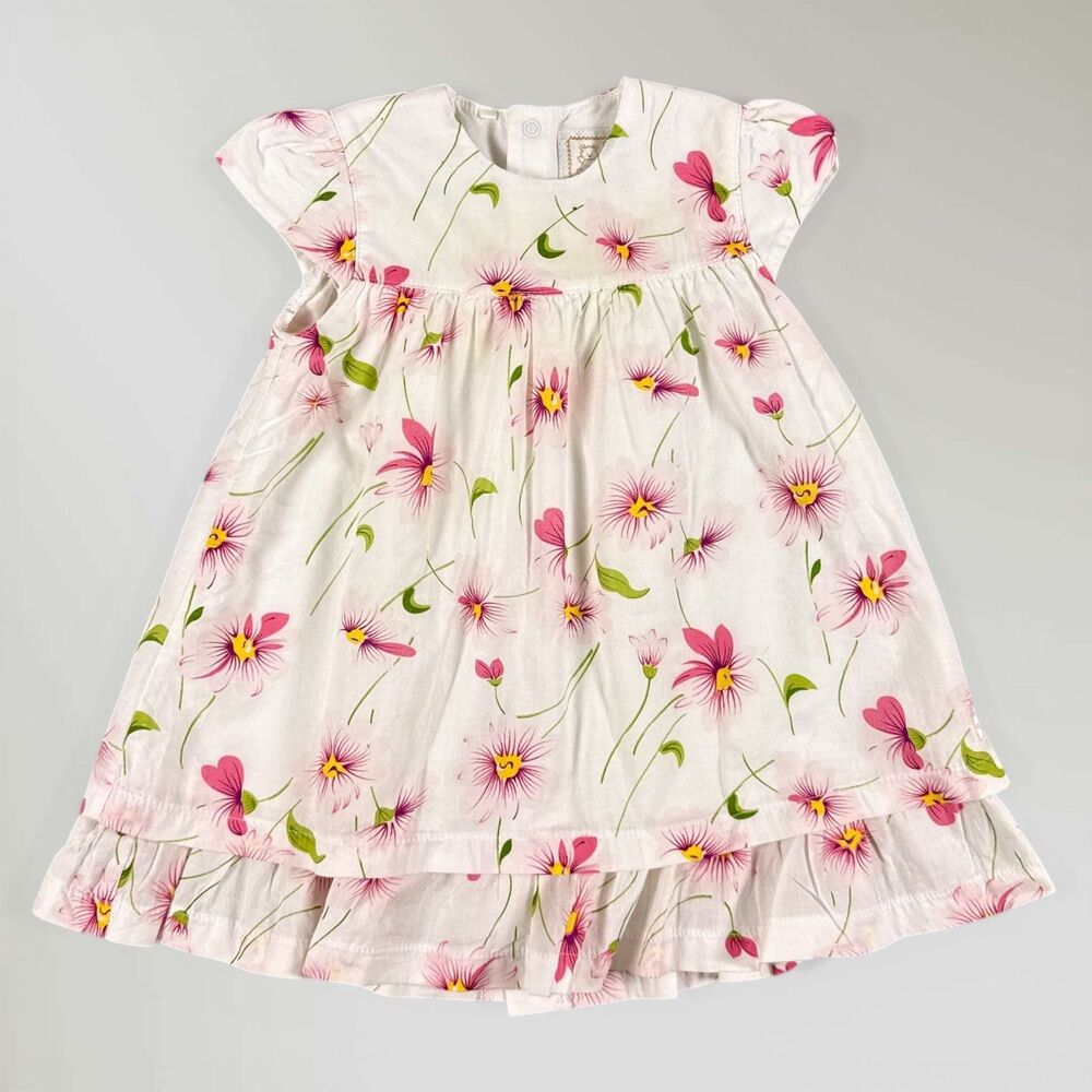 Emile et Rose Baby Girl's Dress Floral White Pink Lined 100% Cotton Size 6M